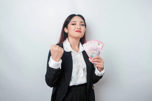 Portrait Young Businesswoman Stack Money Indonesian Rupiah Her Hands Isolated — Stock Photo, Image