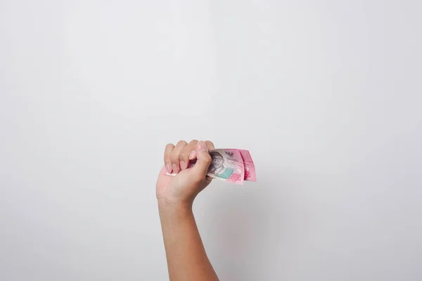 Retrato Una Mano Agarrando Montón Dinero Rupia Indonesia — Foto de Stock