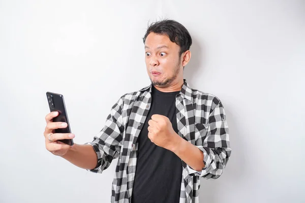 Angry Mad Face Asian Man Tartan Shirt While Holding His — Stock Photo, Image