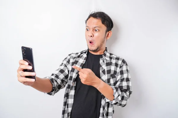 Angry Mad Face Asian Man Tartan Shirt While Holding His — Stock Photo, Image