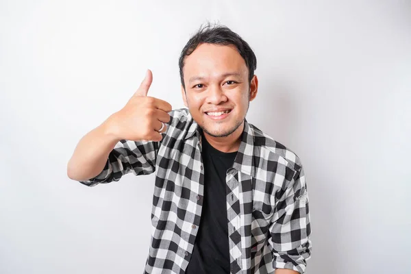 Excited Asian Man Wearing Tartan Shirt Gives Thumbs Hand Gesture — Stock Photo, Image