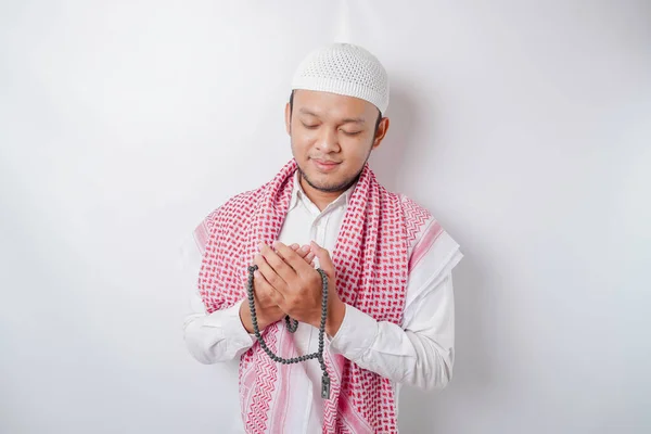 Glücklich Schöner Asiatischer Muslim Betet Gott — Stockfoto