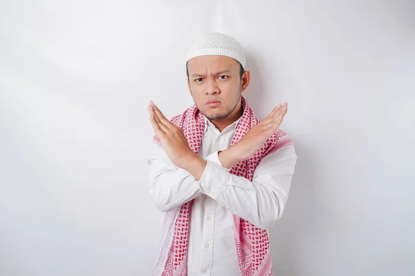 Schöne Asiatische Muslimische Mann Mit Handgeste Posieren Ablehnung Oder Verbot — Stockfoto