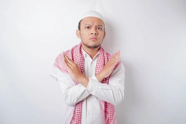 Schöne Asiatische Muslimische Mann Mit Handgeste Posieren Ablehnung Oder Verbot — Stockfoto
