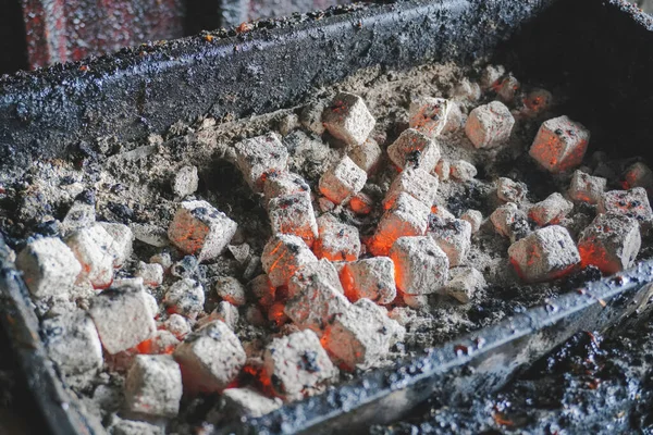 Portrait Close Barbeque Grill Pit Flaming Hot Coal Briquettes — Stock Photo, Image
