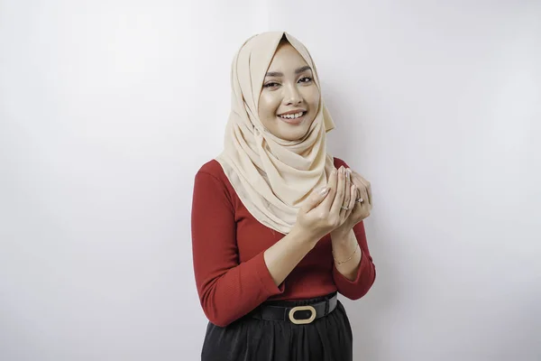 Happy Beautiful Asian Muslim Girl Wearing Headscarf Praying God — стокове фото