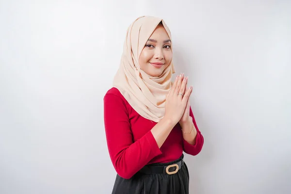 Portret Van Een Jonge Mooie Moslimvrouw Met Een Hijabgebaar Eid — Stockfoto
