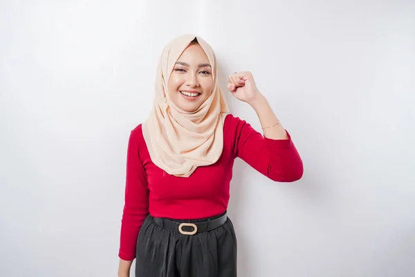 Young Asian Muslim Woman Happy Successful Expression Wearing Hijab Isolated — Stock Photo, Image