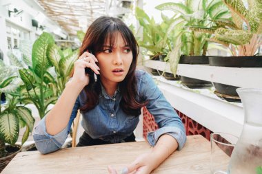 A dissatisfied young Asian woman looks disgruntled wearing blue shirt irritated face expressions holding her phone
