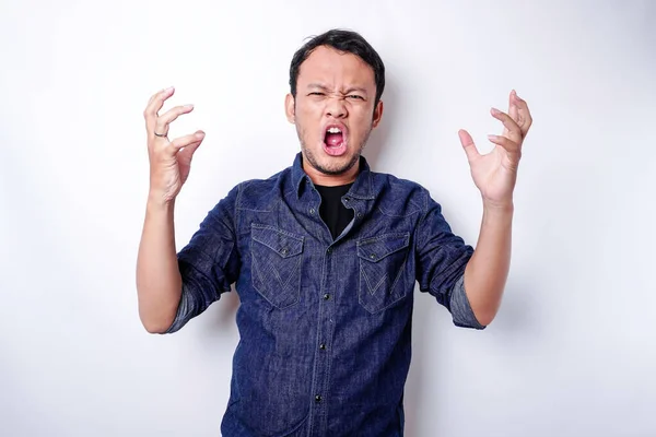 The angry and mad face of Asian man in blue shirt isolated white background.