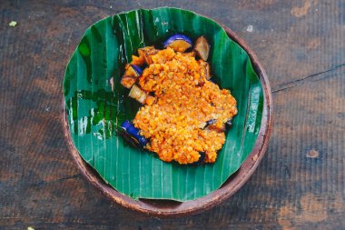 Sambal terong or Spicy Fried Eggplant Delicious traditional food from Indonesia made from eggplant and Chilies.