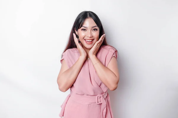 Portrait Cute Asian Woman Dressed Pink Feeling Excited Isolated White — ストック写真