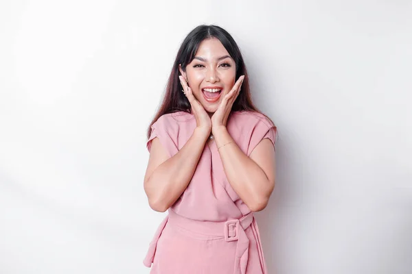 Portrait Cute Asian Woman Dressed Pink Feeling Excited Isolated White — ストック写真
