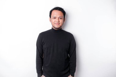 A portrait of a smiling Asian man dressed in a black shirt, isolated by white background