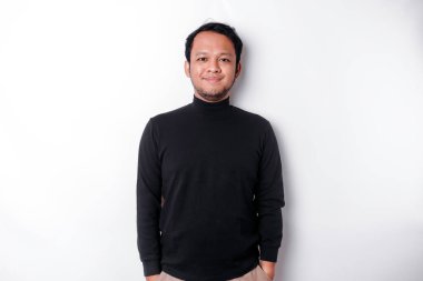 A portrait of a smiling Asian man dressed in a black shirt, isolated by white background