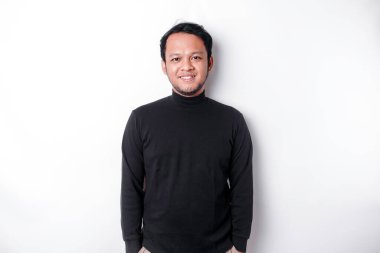 A portrait of a smiling Asian man dressed in a black shirt, isolated by white background