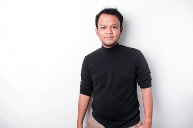 A portrait of a smiling Asian man dressed in a black shirt, isolated by white background