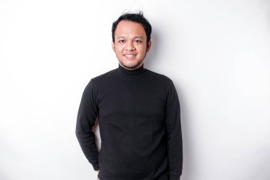 A portrait of a smiling Asian man dressed in a black shirt, isolated by white background