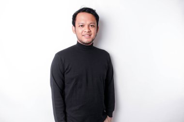 A portrait of a smiling Asian man dressed in a black shirt, isolated by white background