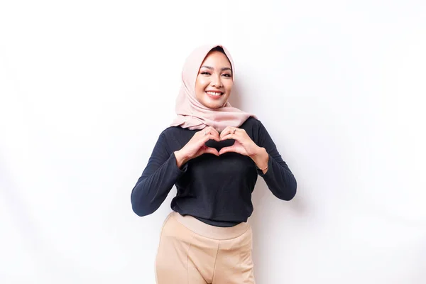 Happy Young Asian Woman Wearing Hijab Feels Romantic Shapes Heart — Stock Photo, Image