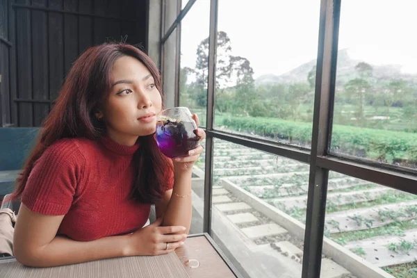 stock image Portrait of joyful young woman enjoying a cup of tea at home. Smiling pretty girl drinking telang tea in rainy season.