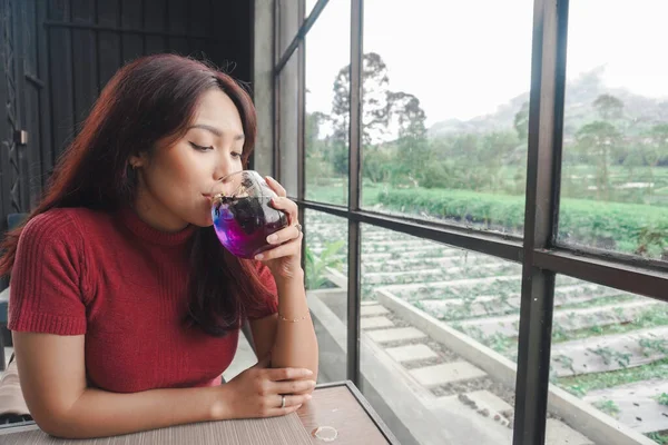 Stock image Portrait of joyful young woman enjoying a cup of tea at home. Smiling pretty girl drinking telang tea in rainy season.