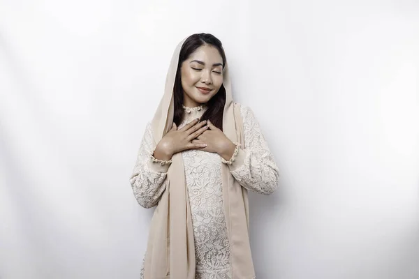Happy Mindful Thankful Young Asian Muslim Woman Her Hand Her — Stockfoto