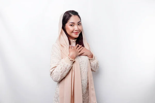 Happy Mindful Thankful Young Asian Muslim Woman Her Hand Her — Stok fotoğraf