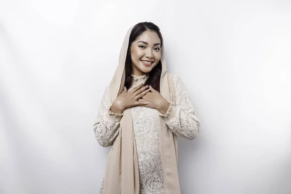 Happy Mindful Thankful Young Asian Muslim Woman Her Hand Her — Stock Photo, Image