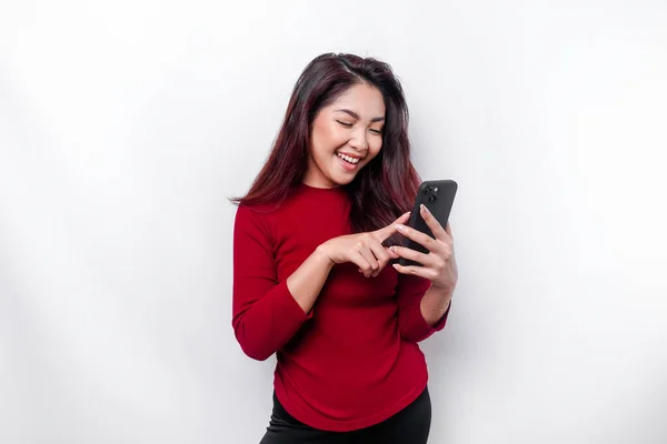 Portrait Happy Asian Woman Dressed Red Holding Her Phone Isolated — Stock Photo, Image