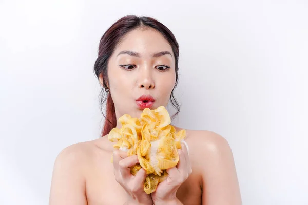 Portrait Fille Asiatique Heureuse Prenant Une Douche Avec Gel Elle — Photo