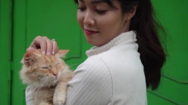 Güzel bir Asyalı kadın turuncu Angora kedisini taşıyor.