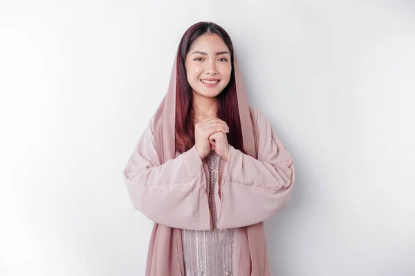 Portrait Young Beautiful Asian Muslim Woman Wearing Headscarf Gesturing Eid — Stock Photo, Image