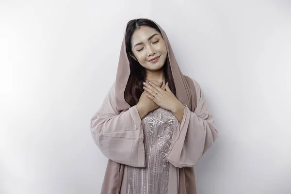 Happy Mindful Thankful Young Asian Muslim Woman Her Hand Her — Stok Foto