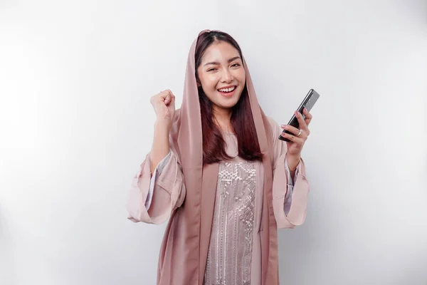Young Asian Muslim Woman Happy Successful Expression Wearing Hijab Holding — Stok Foto
