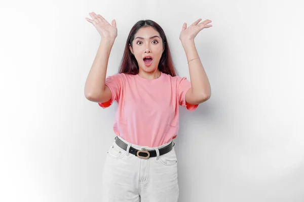 Shocked Asian Woman Wearing Pink Shirt Pointing Copy Space Top — Stock Photo, Image