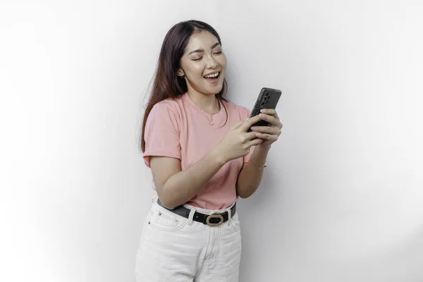 Portrait Happy Asian Woman Wearing Pink Shirt Holding Her Phone — Stock Photo, Image