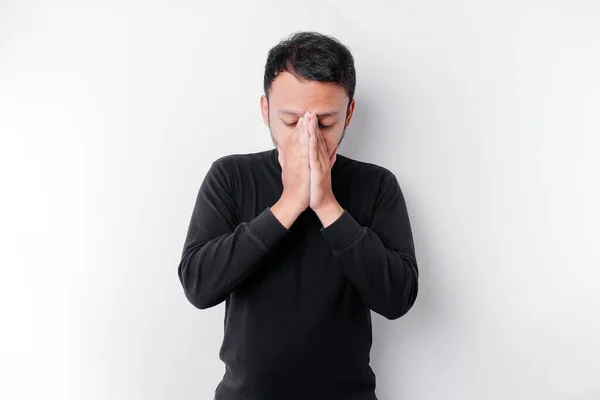 Portrait Asian Man Wearing Black Shirt Isolated White Background Looks — Stok Foto