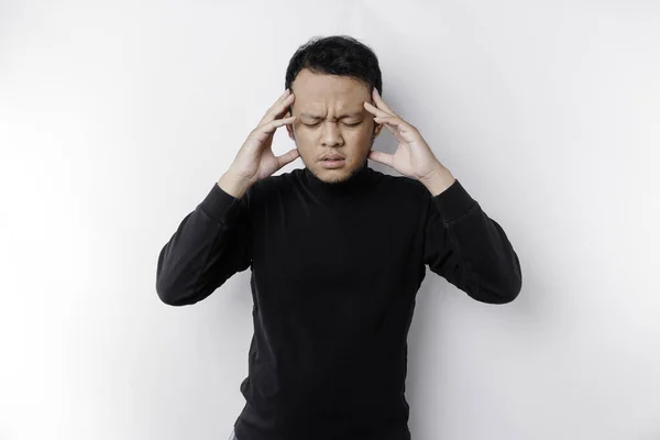 Portrait Asian Man Wearing Black Shirt Isolated White Background Looks — Stockfoto