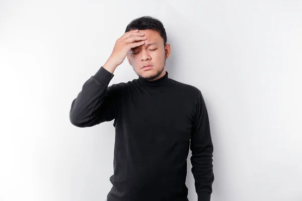 Portrait Asian Man Wearing Black Shirt Isolated White Background Looks — Stok Foto