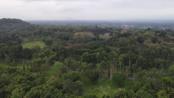 Luchtfoto Van Borobudur Tempel Java Indonesië Brede Shoot Met Uitzicht — Stockvideo