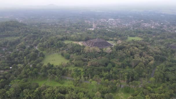 Flygfoto Över Borobudur Temple Java Indonesien Brett Fotografi Med Skogsutsikt — Stockvideo