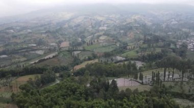 Sumbing ve Sindoro dağlarındaki hava manzarası Endonezya 'da sisli zirve ile