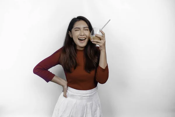 Asian Girl Wearing Red Shirt Enjoying Drinking Her Coffee Isolated — Stock Photo, Image
