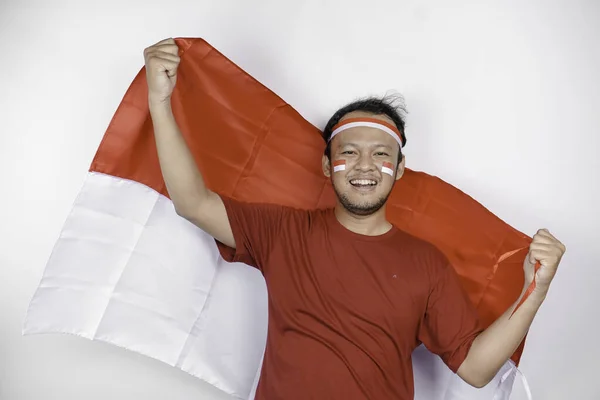 Boldog Mosolygós Indonéz Férfi Kezében Indonézia Zászlaját Hogy Megünnepeljük Indonézia — Stock Fotó
