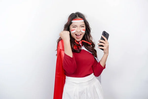 Young Asian Woman Happy Successful Expression While Holding Her Phone — стокове фото