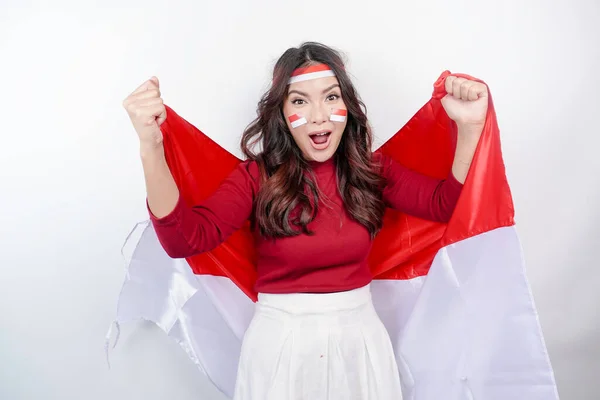 Young Asian Woman Happy Successful Expression Wearing Red Top Headband — Stock Fotó
