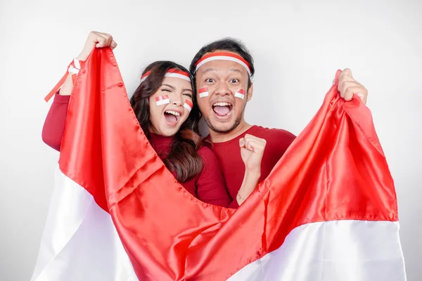 Egy Fiatal Ázsiai Pár Boldog Sikeres Kifejezéssel Piros Fejpántot Fejpántot — Stock Fotó
