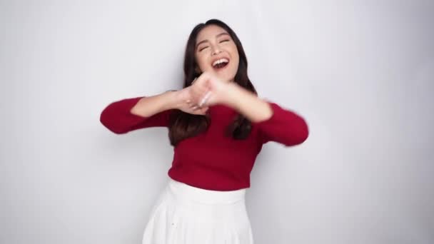 Junge Glücklich Asiatische Frau Tanzt Spaß Haben Allein Isoliert Durch — Stockvideo