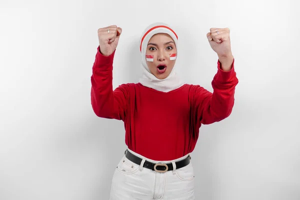 Young Asian Muslim Woman Happy Successful Expression Wearing Red Top — Stock Photo, Image
